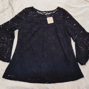 NEW Bloomchic Black Plain Contrast Lace Mesh Gathered Bell Sleeve Blouse Size 12